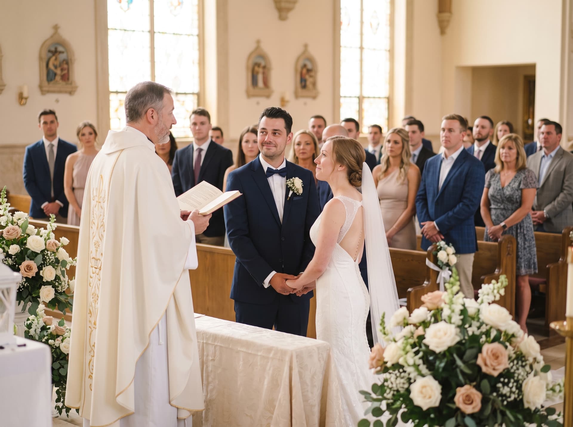 Bride and groom holding hands during the church ceremony