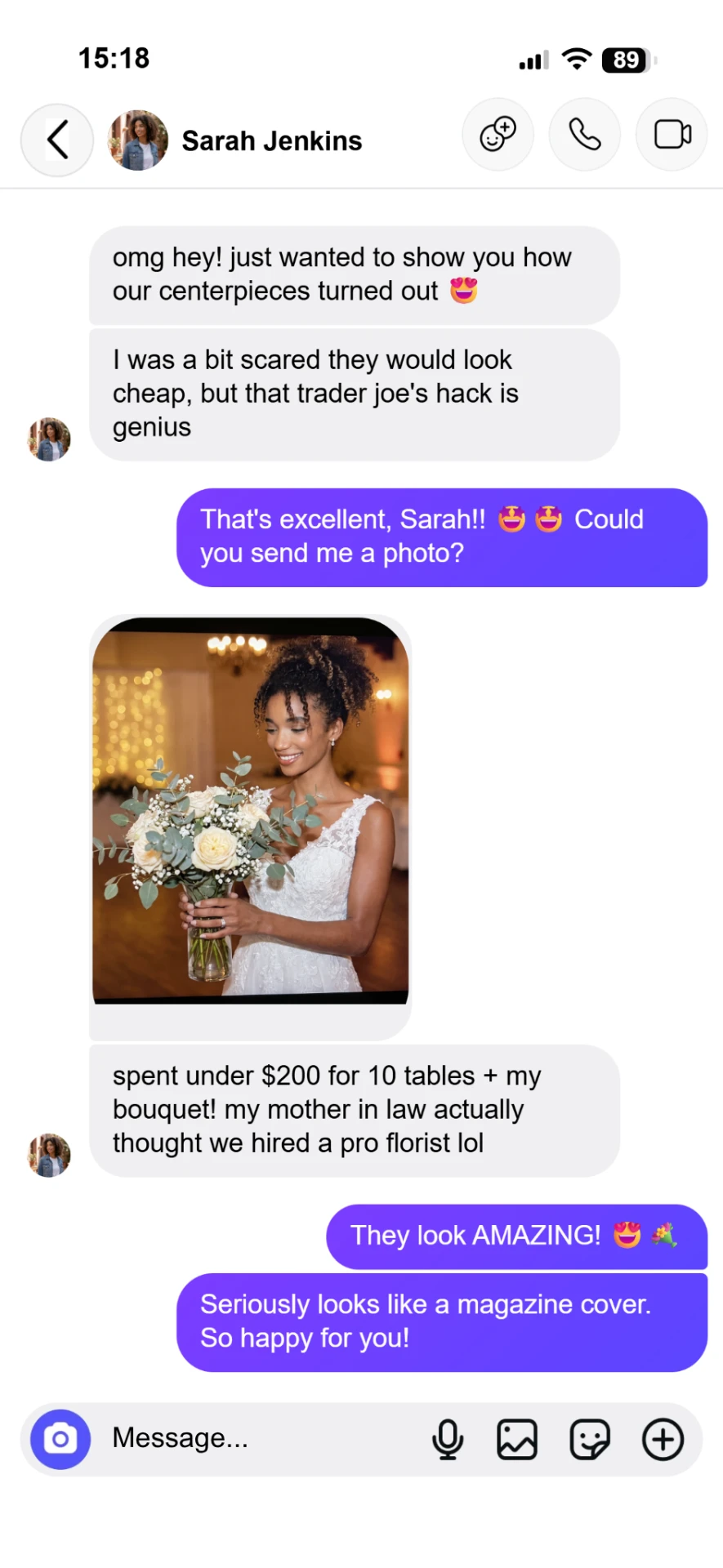 Instagram message from a bride who did her centerpieces for under $200