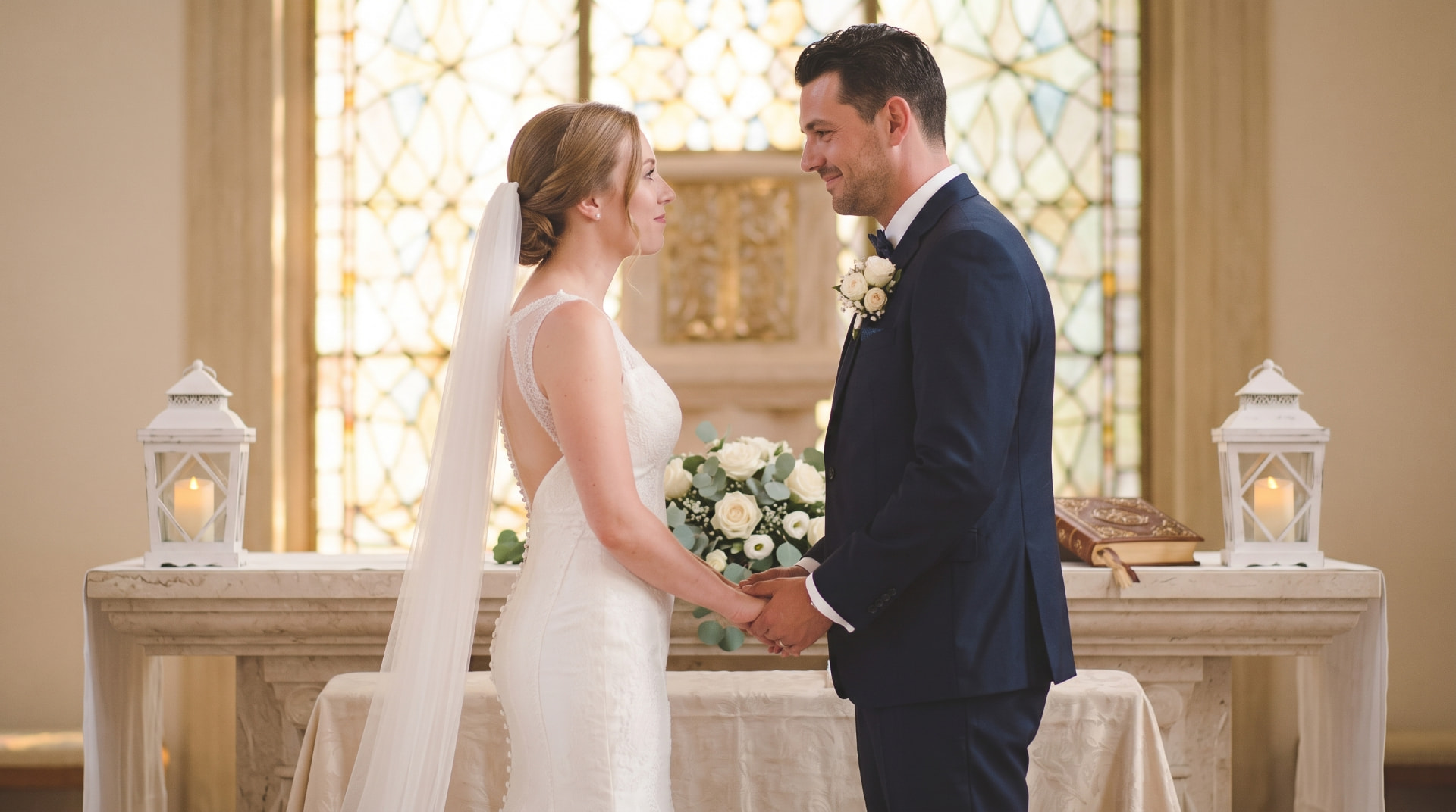 Bride and groom holding hands at the altar during an elegant chapel ceremony