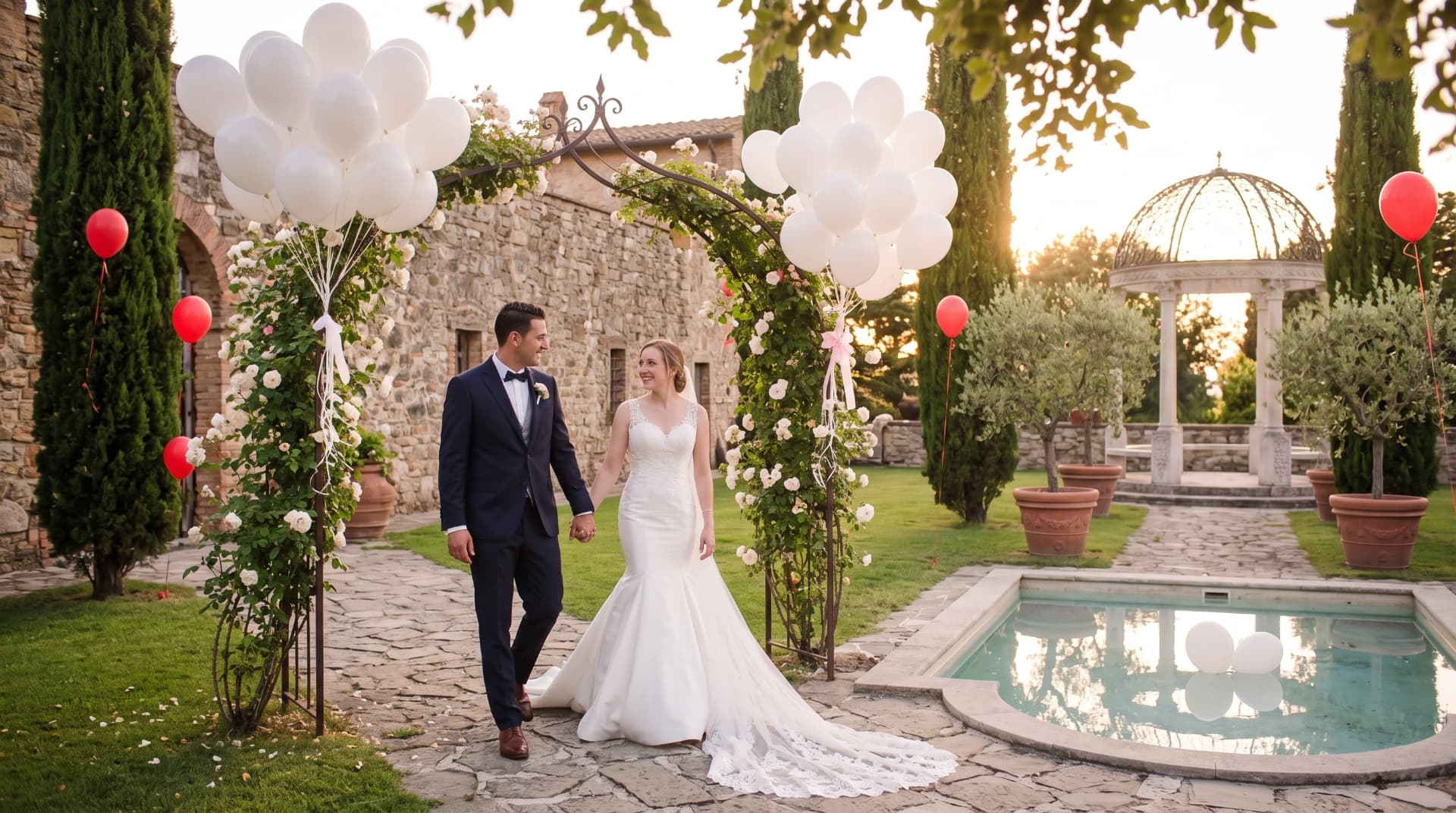 Bride and groom walking hand in hand under a floral and balloon arch at a sunset garden wedding