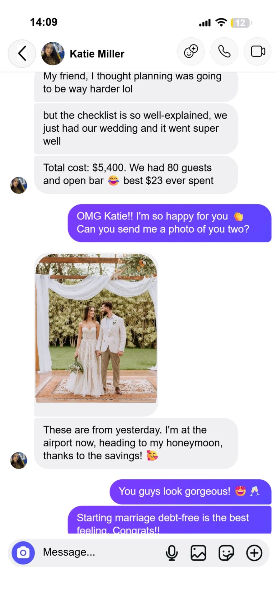 Instagram message from a bride whose wedding cost $5,400 total